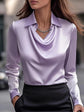 Women’s Swing Collar Draped Blouse – Elegant Satin Office Top