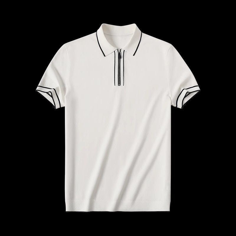 Men’s solid color summer zipper polo shirt with short sleeves.