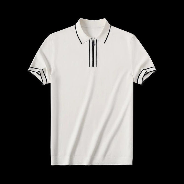 Men’s solid color summer zipper polo shirt with short sleeves.