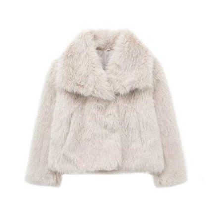 Women’s winter plush coat with fluffy lapel, long sleeve warm jacket.