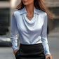 Women’s satin swing collar blouse, long sleeve elegant office top.