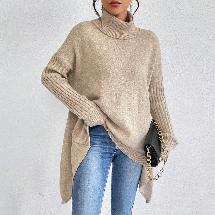 Women’s irregular turtleneck long sleeve loose knit sweater.