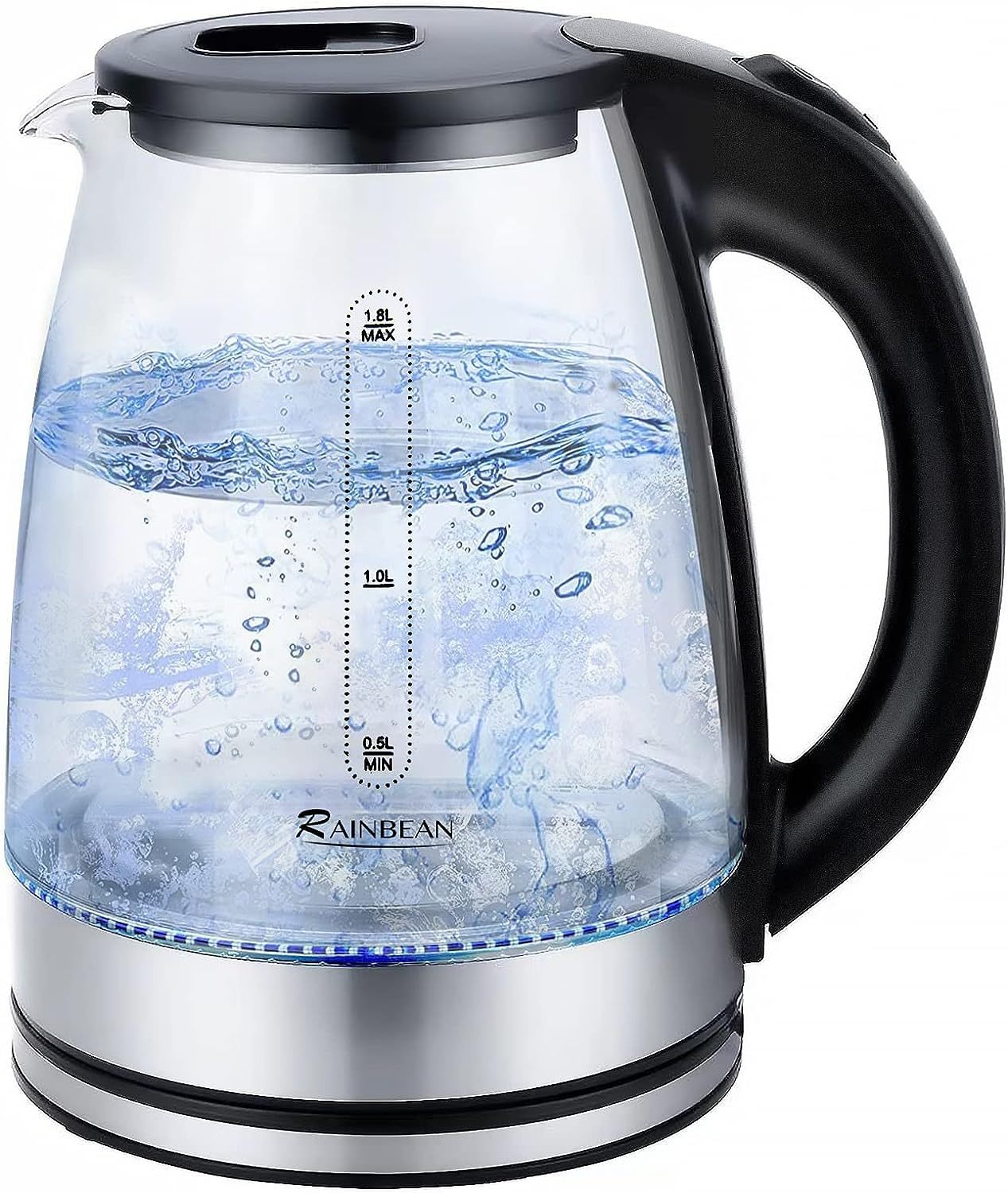 1.8L glass electric kettle with LED light, stainless steel base, and auto shut-off