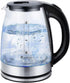 1.8L glass electric kettle with LED light, stainless steel base, and auto shut-off