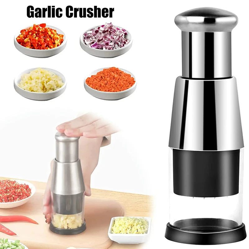 Manual stainless steel garlic and onion chopper with press-down design