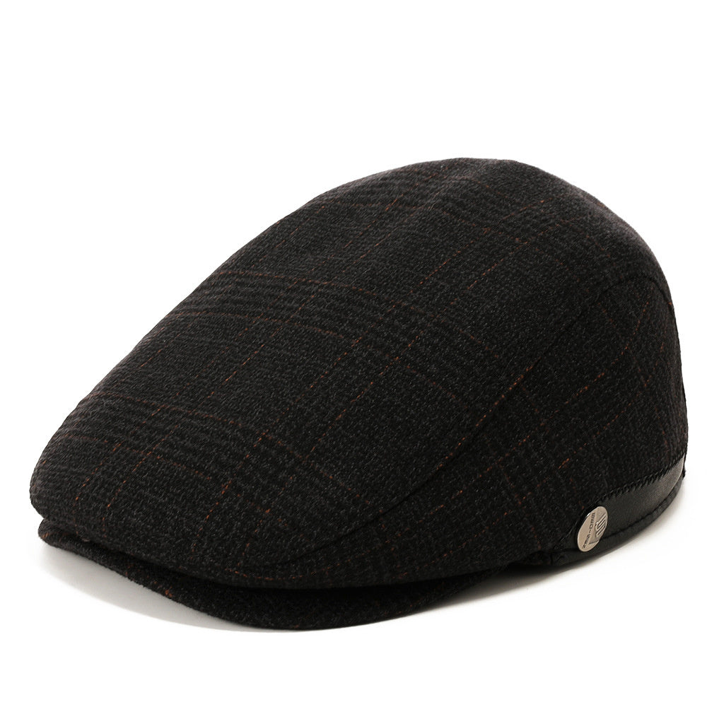 Adjustable woolen beret in gray, coffee, and blue-black herringbone patterns
