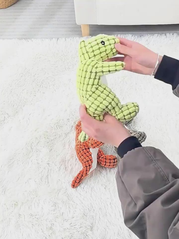 Dinosaur plush dog toy with squeaker, interactive chew toy for large dogs.