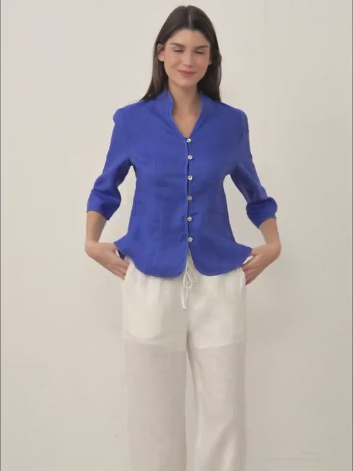 Women’s slim V-neck stand collar button jacket